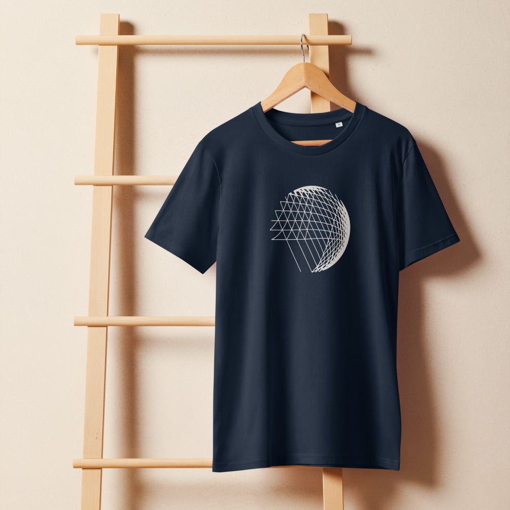 An abstract hyperbolic cylinder printed on a t-shirt, constructed from intersecting straight vector lines. On a wooden hanger, Ink colourway.