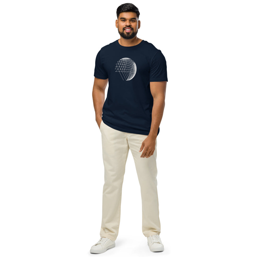 An abstract hyperbolic cylinder printed on a t-shirt, constructed from intersecting straight vector lines. Worn by a man, Ink colourway.
