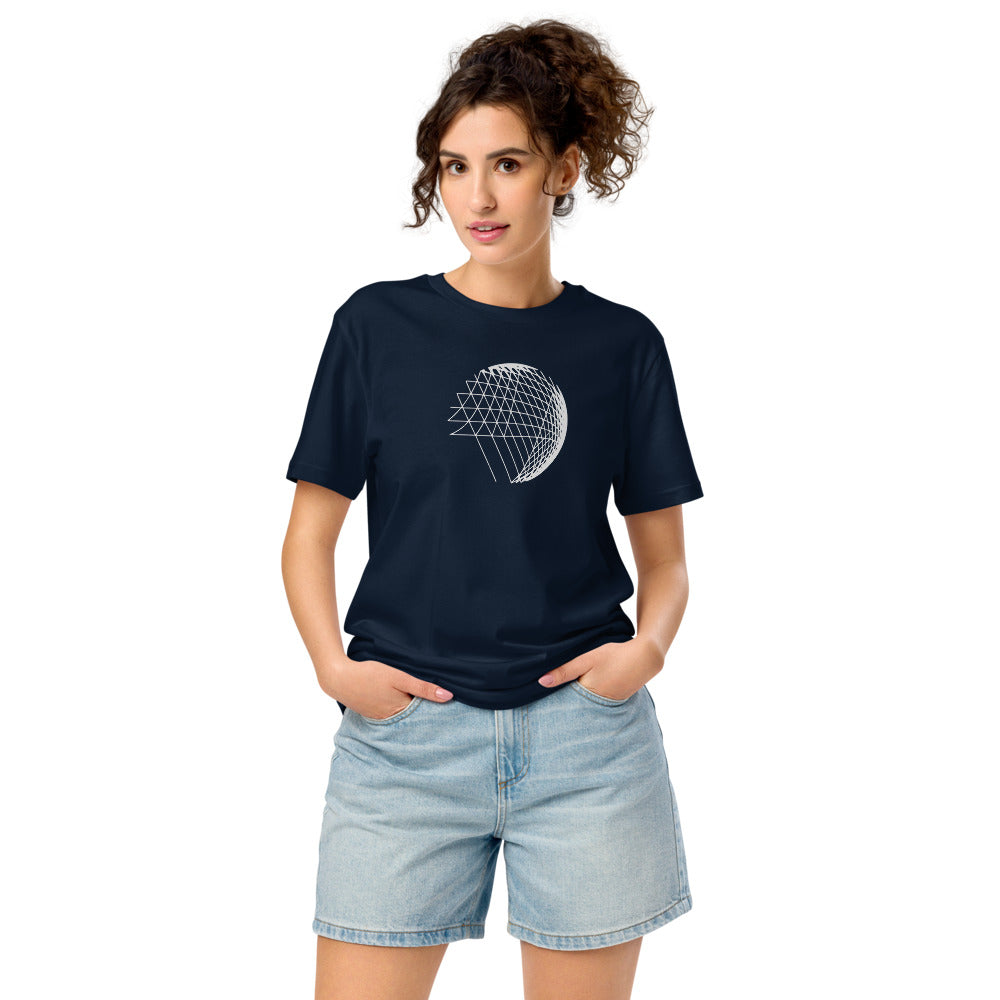 An abstract hyperbolic cylinder printed on a t-shirt, constructed from intersecting straight vector lines. Worn by a woman, Ink colourway.