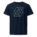 A spiral progression of twelve folded triangular planes in a hairline-weight line art print on a classic t-shirt. Shown on the Ink (French Navy) colorway.