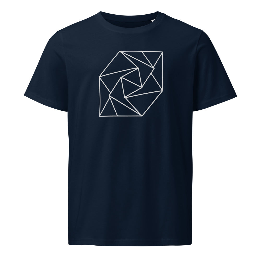 A spiral progression of twelve folded triangular planes in a hairline-weight line art print on a classic t-shirt. Shown on the Ink (French Navy) colorway.