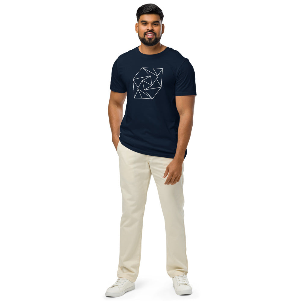 A spiral progression of twelve folded triangular planes in a hairline-weight line art print on a classic t-shirt. Worn by a man, Ink colourway.