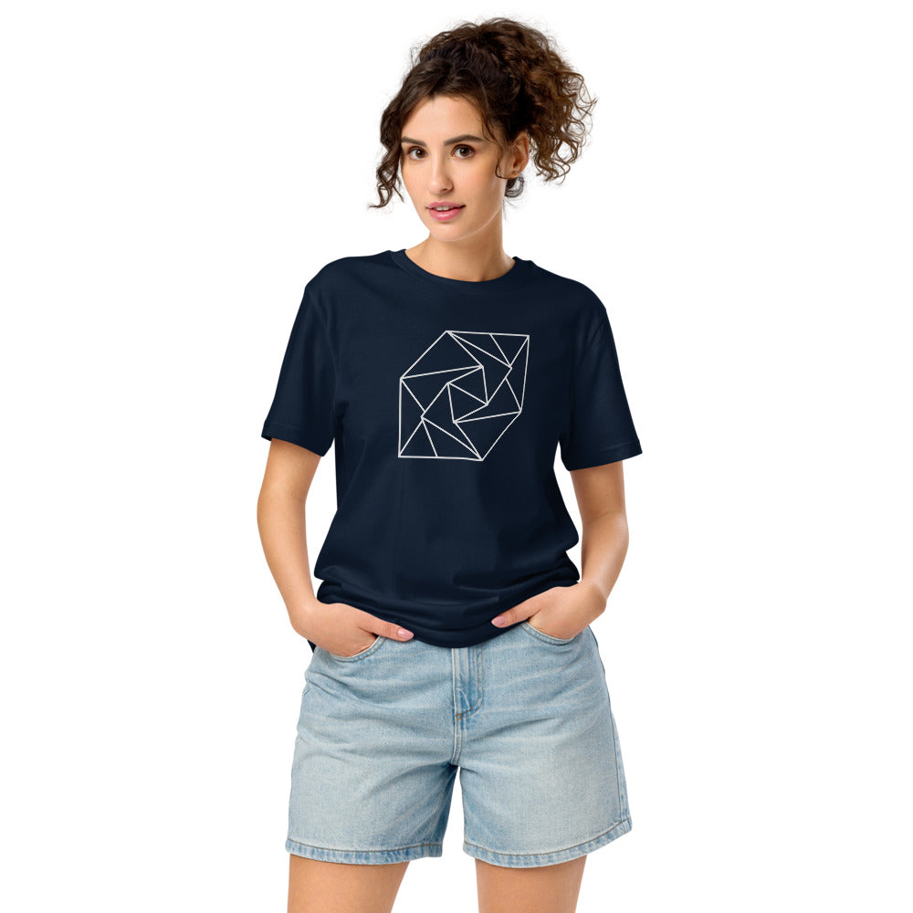 A spiral progression of twelve folded triangular planes in a hairline-weight line art print on a classic t-shirt. Worn by a woman, Ink colourway.