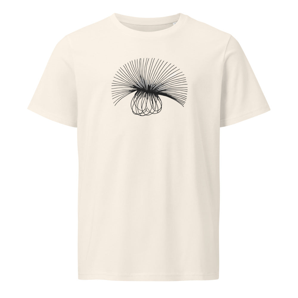 An engraving-style line art design of a sow thistle seed head with fine radiating lines, printed on a t-shirt. Shown on the Bone (Vintage White) colorway.