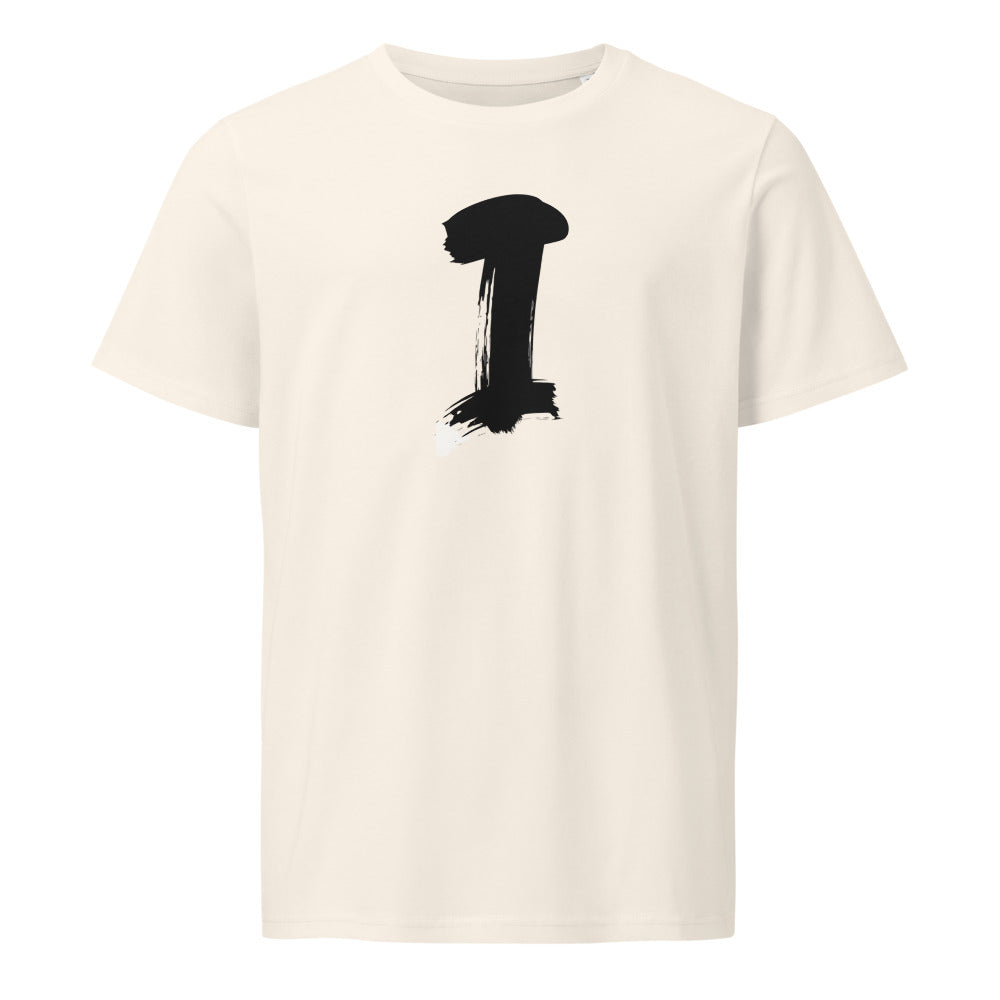 The letter I written in a single vertical sumi-e brush gesture, printed on a classic crewneck t-shirt. Shown on the Bone (Vintage White) colorway.