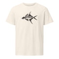 An ink line art illustration of an articulated Knightia eocaena fossil skeleton in lateral profile, printed on a t-shirt. Shown on the Bone (Vintage White) colorway.