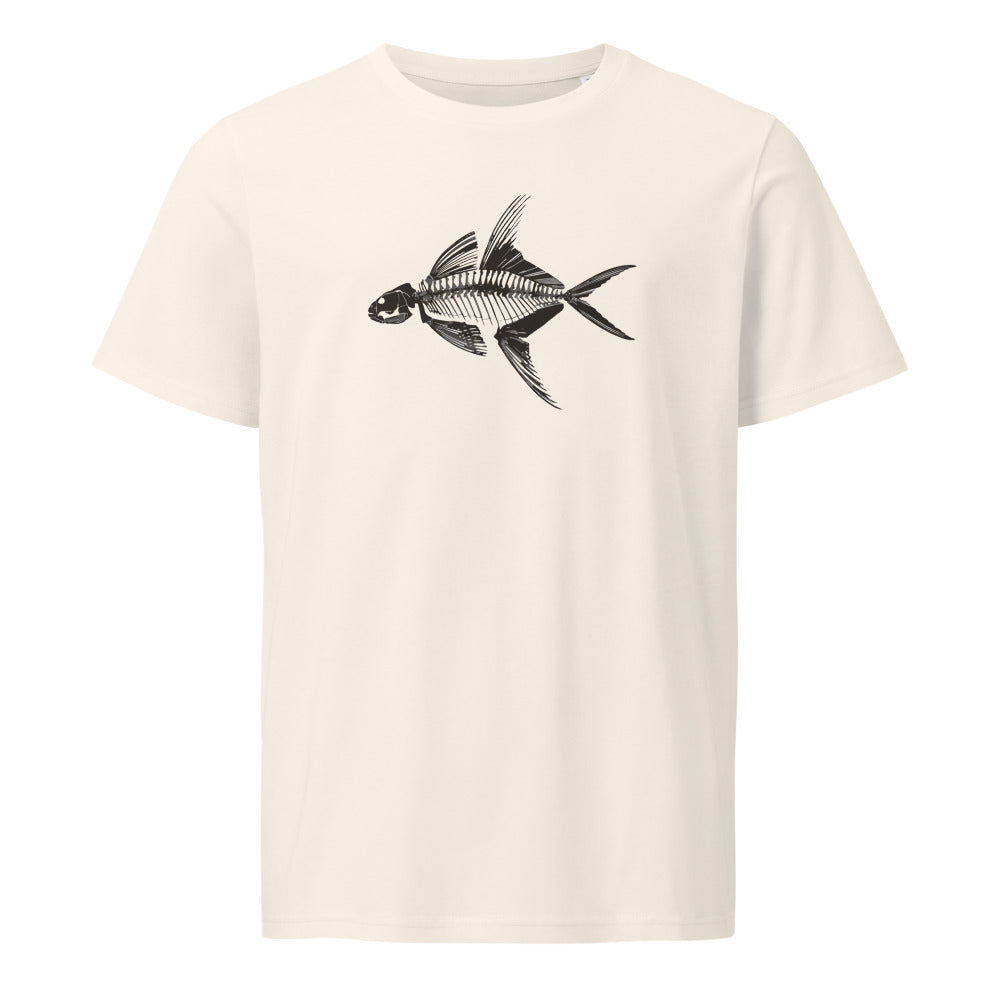 An ink line art illustration of an articulated Knightia eocaena fossil skeleton in lateral profile, printed on a t-shirt. Shown on the Bone (Vintage White) colorway.