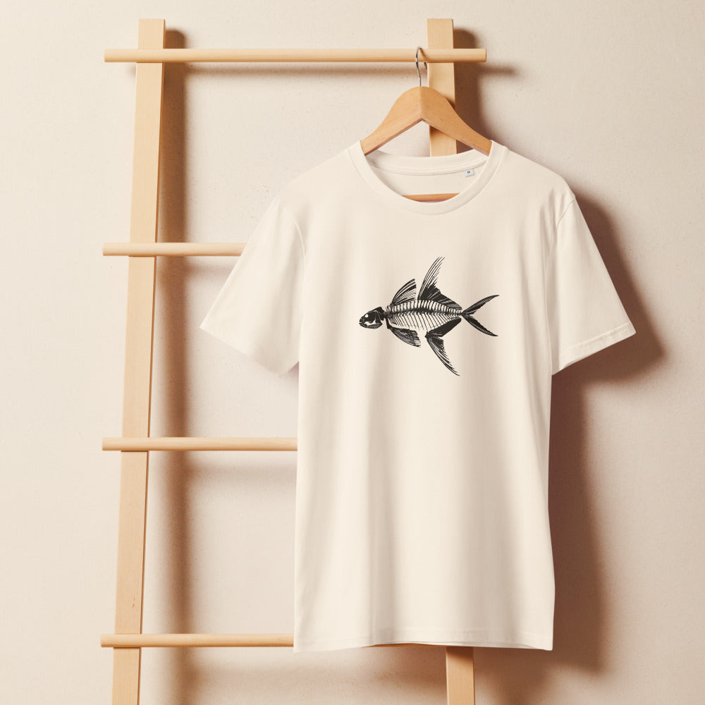 An ink line art illustration of an articulated Knightia eocaena fossil skeleton in lateral profile, printed on a t-shirt. On a wooden hanger, Bone colourway.