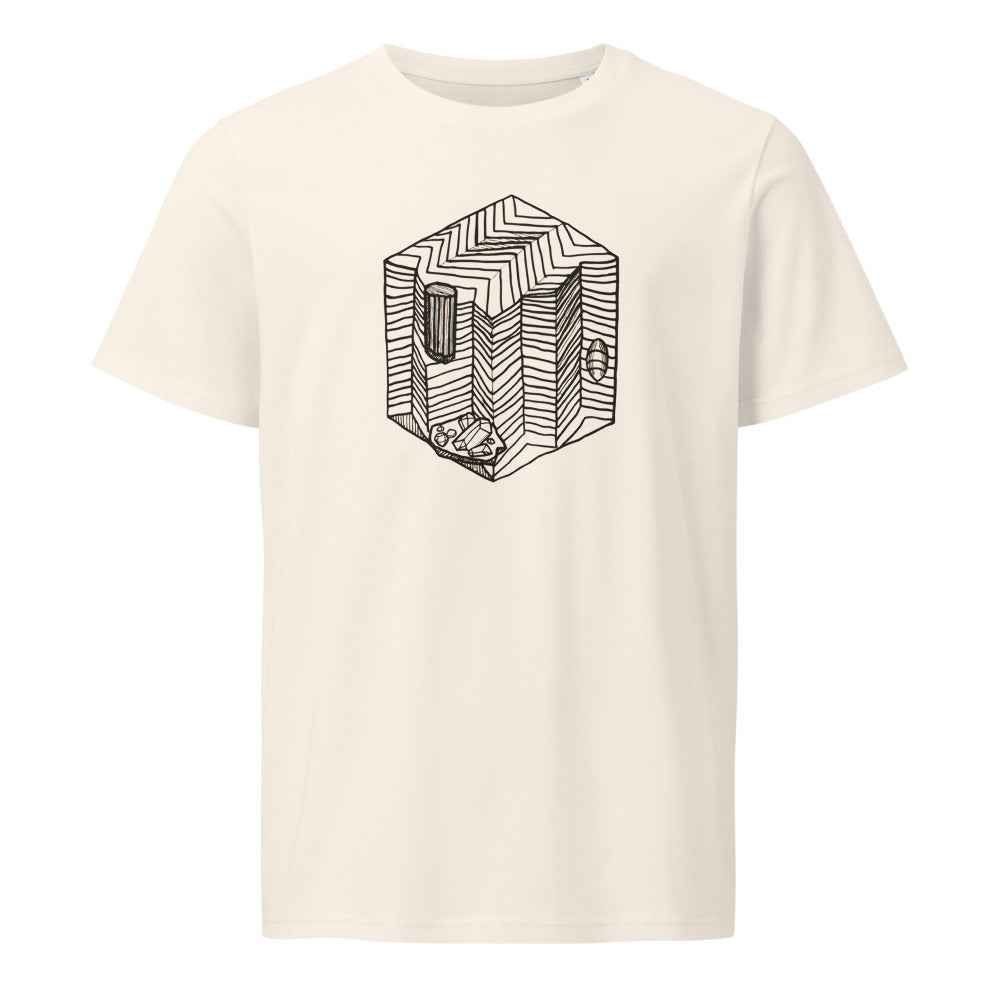 Minimalist line drawing of a square geological block showing sharp-angled chevron folds on a t-shirt. Shown on the Bone (Vintage White) colorway.