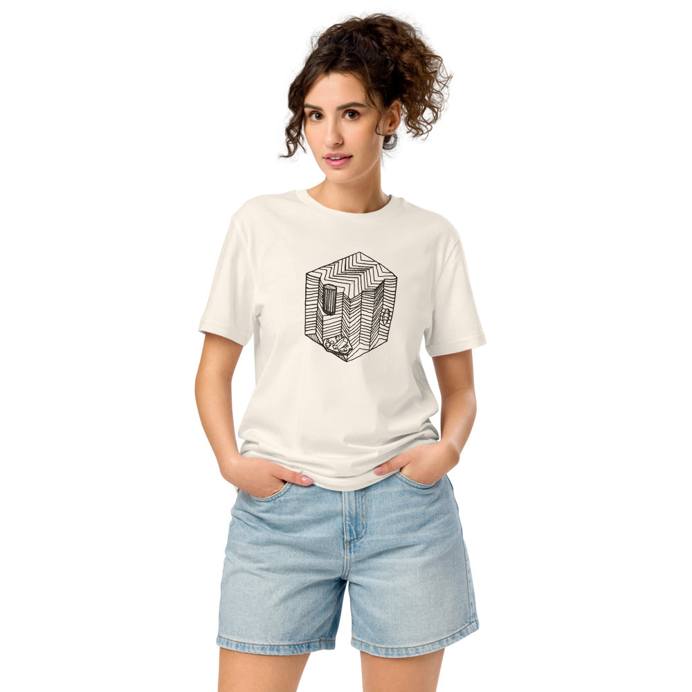 Minimalist line drawing of a square geological block showing sharp-angled chevron folds on a t-shirt. Worn by a woman, Bone colourway.
