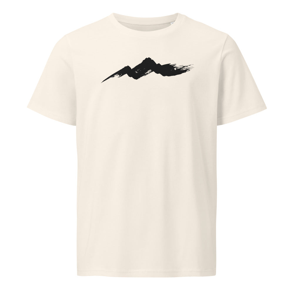 A single horizontal fractured dry-brush sumi-e ink stroke representing a rugged mountain ridge, printed on a t-shirt. Shown on the Bone (Vintage White) colorway.
