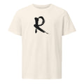 A minimalist sumi-e brush stroke design of the capital letter R printed on a t-shirt. Shown on the Bone (Vintage White) colorway.