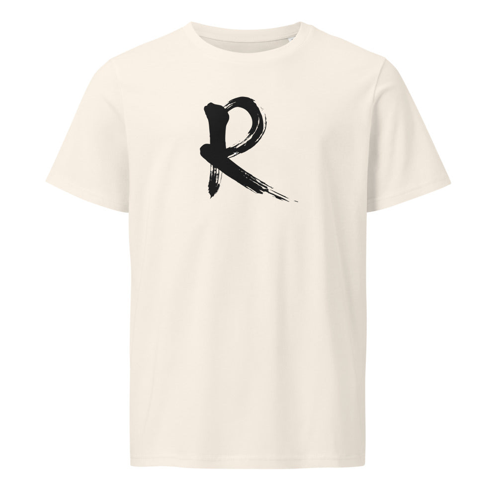 A minimalist sumi-e brush stroke design of the capital letter R printed on a t-shirt. Shown on the Bone (Vintage White) colorway.