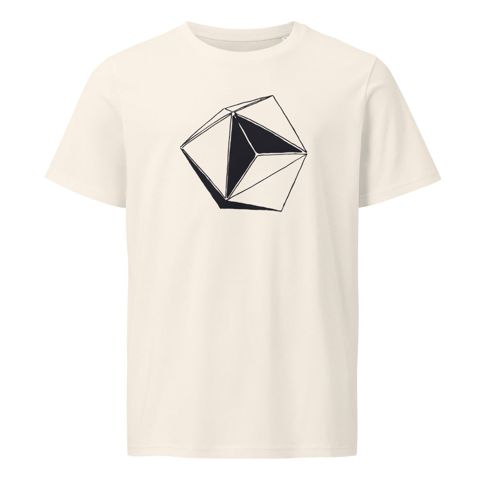A minimalist line art illustration of an eight-sided octahedral craft printed on a t-shirt. Shown on the Bone (Vintage White) colorway.