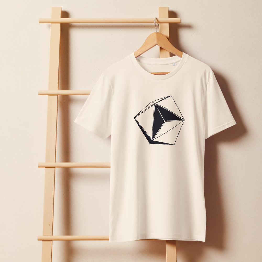 A minimalist line art illustration of an eight-sided octahedral craft printed on a t-shirt. On a wooden hanger, Bone colourway.