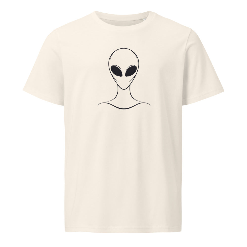 A minimalist line drawing of an alien head with black eyes and a high collar printed on a t-shirt. Shown on the Bone (Vintage White) colorway.