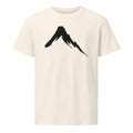 A single downward sumi-e ink brush stroke depicting a steep volcanic mountain slope on a t-shirt. Shown on the Bone (Vintage White) colorway.