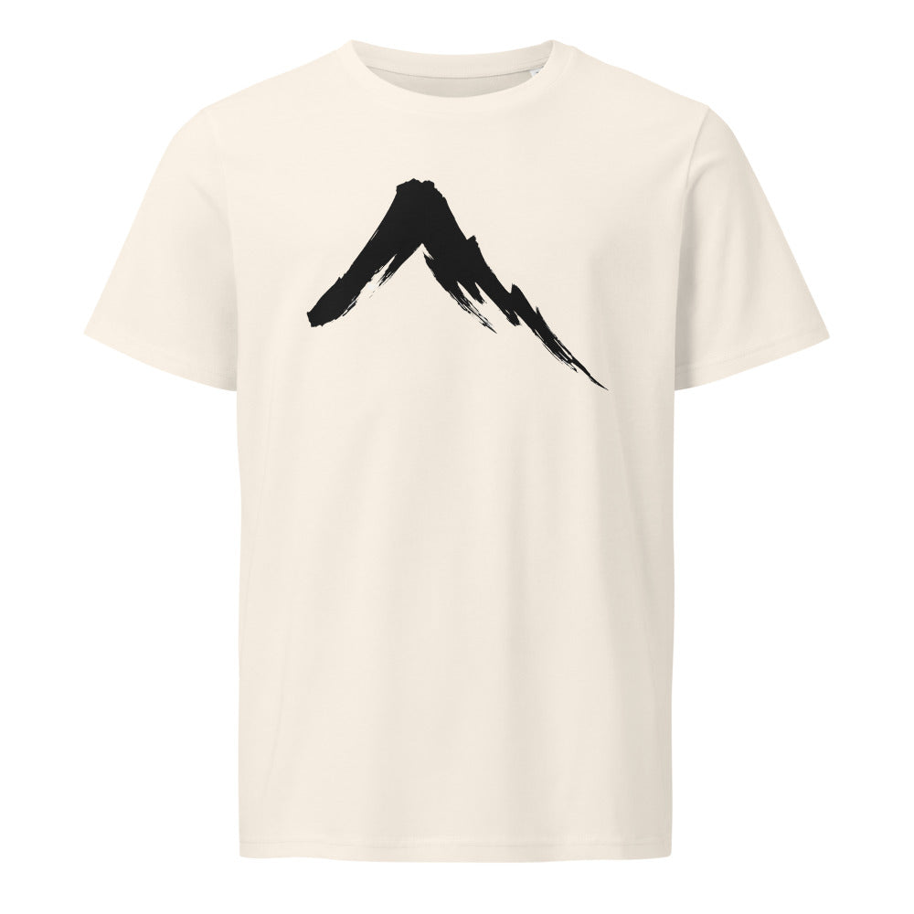 A single downward sumi-e ink brush stroke depicting a steep volcanic mountain slope on a t-shirt. Shown on the Bone (Vintage White) colorway.