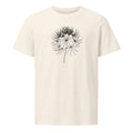 A detailed line art engraving of a wild chervil seed umbel printed on a t-shirt. Shown on the Bone (Vintage White) colorway.