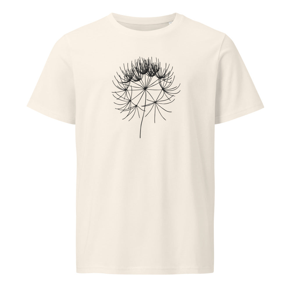 A detailed line art engraving of a wild chervil seed umbel printed on a t-shirt. Shown on the Bone (Vintage White) colorway.