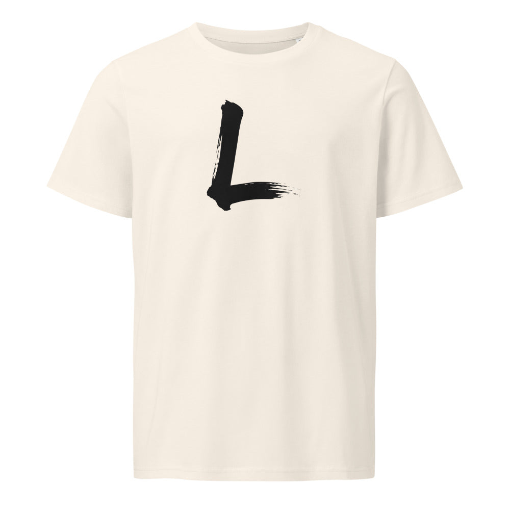 The letter L printed in a bold black sumi-e ink stroke on a minimalist tee. Shown on the Bone (Vintage White) colorway.