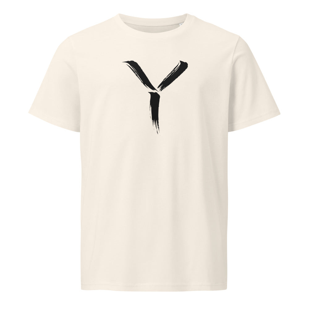 A minimalist sumi-e brush gesture of the capital letter Y printed on a classic t-shirt. Shown on the Bone (Vintage White) colorway.