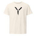 A minimalist sumi-e brush gesture of the capital letter Y printed on a classic t-shirt. Shown on the Bone (Vintage White) colorway.