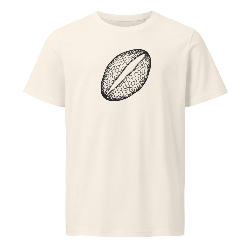 A minimalist line drawing of a single lily pollen grain with a reticulated wall on a t-shirt. Shown on the Bone (Vintage White) colorway.