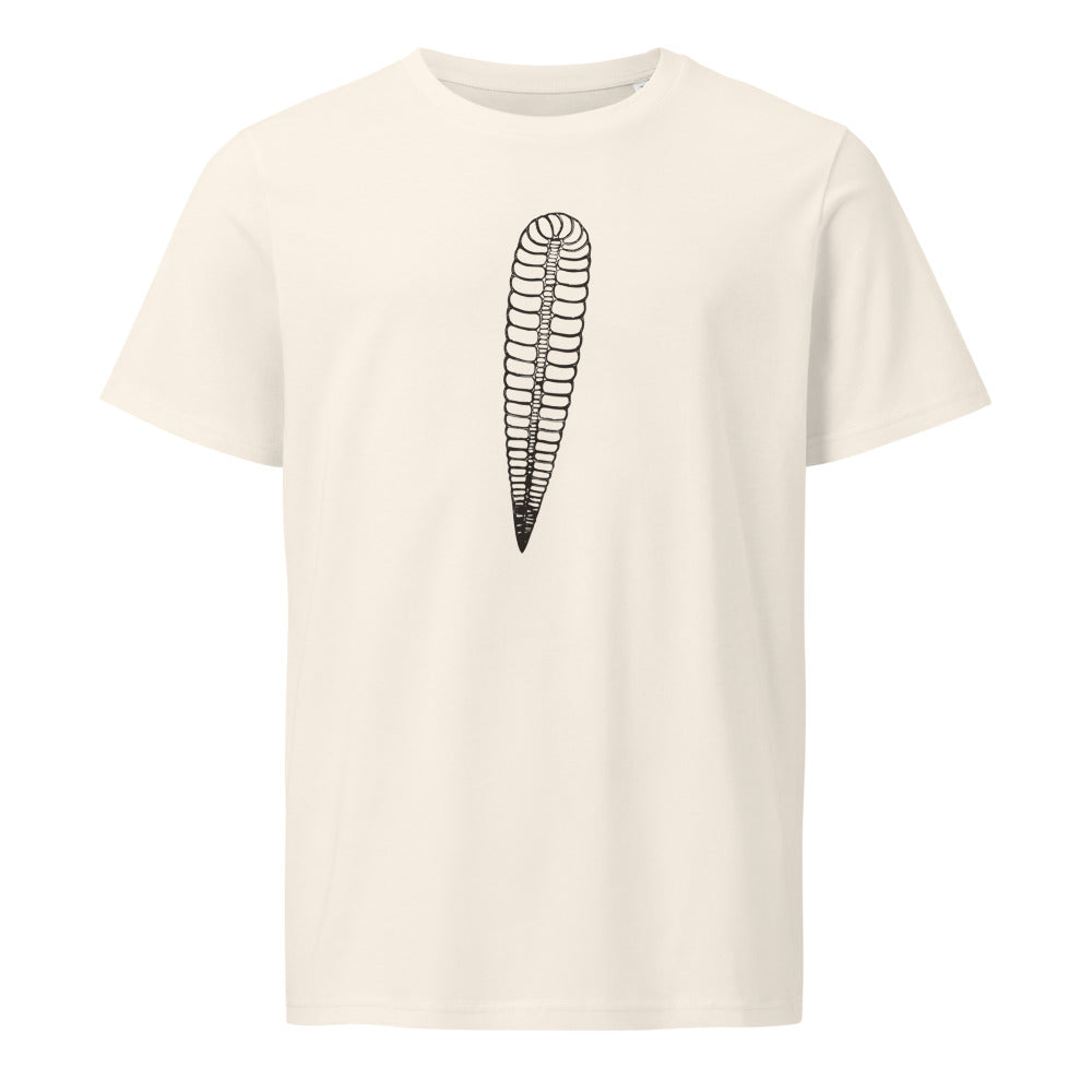 An orthocone nautiloid fossil longitudinal section line drawing printed on a t-shirt. Shown on the Bone (Vintage White) colorway.