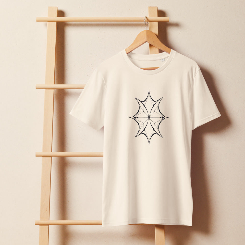 Minimalist six-pointed crystalline organism design printed in fine line art style on a t-shirt. On a wooden hanger, Bone colourway.