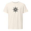 Fine line drawing of a Hexacontium radiolarian skeleton with six radial spines printed on a t-shirt. Shown on the Bone (Vintage White) colorway.
