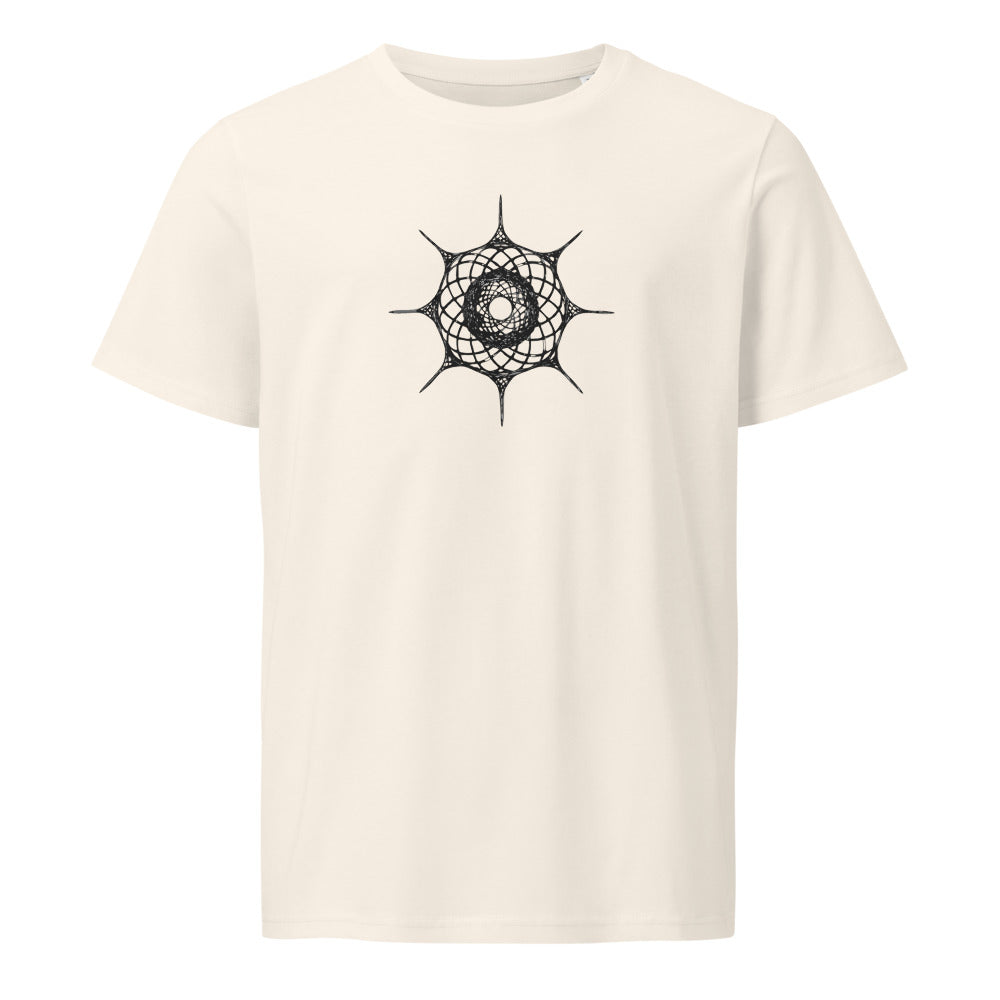 Fine line drawing of a Hexacontium radiolarian skeleton with six radial spines printed on a t-shirt. Shown on the Bone (Vintage White) colorway.