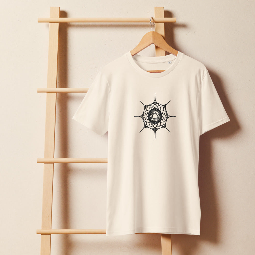 Fine line drawing of a Hexacontium radiolarian skeleton with six radial spines printed on a t-shirt. On a wooden hanger, Bone colourway.