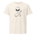 Minimalist waving visitor line art design of an alien with almond eyes raising a hand, printed on a t-shirt. Shown on the Bone (Vintage White) colorway.