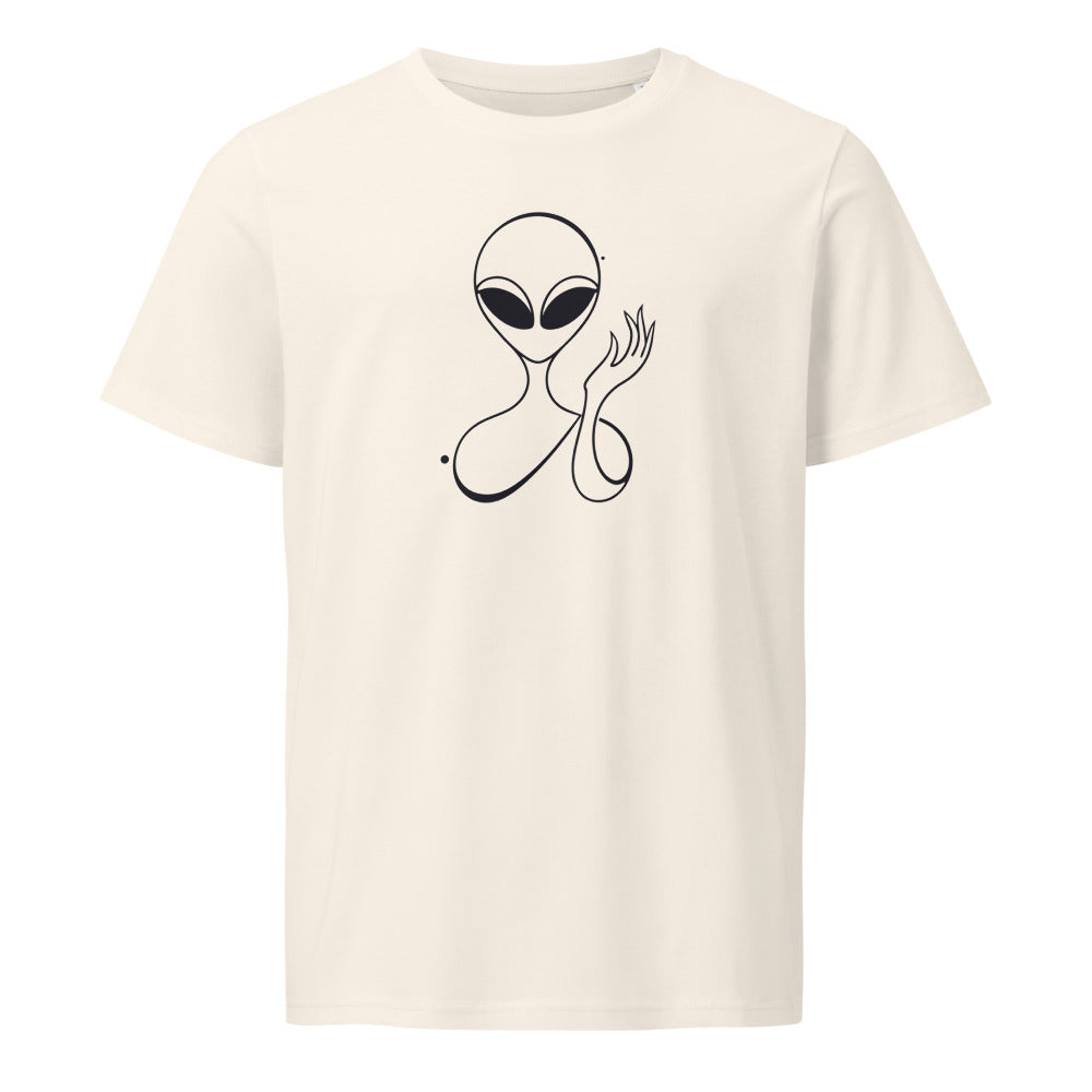 Minimalist waving visitor line art design of an alien with almond eyes raising a hand, printed on a t-shirt. Shown on the Bone (Vintage White) colorway.