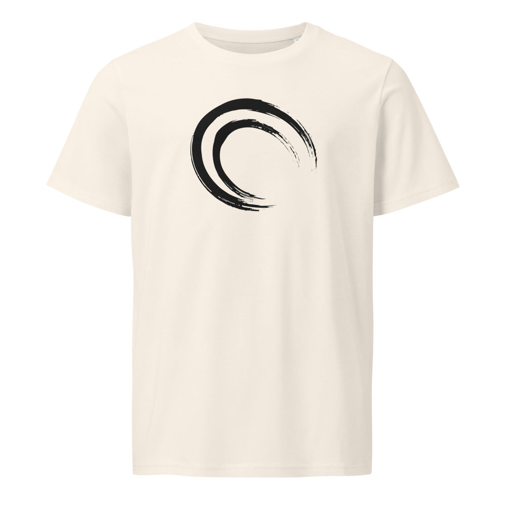 A double-layered crescent enso printed in black ink on a casual t-shirt. Shown on the Bone (Vintage White) colorway.