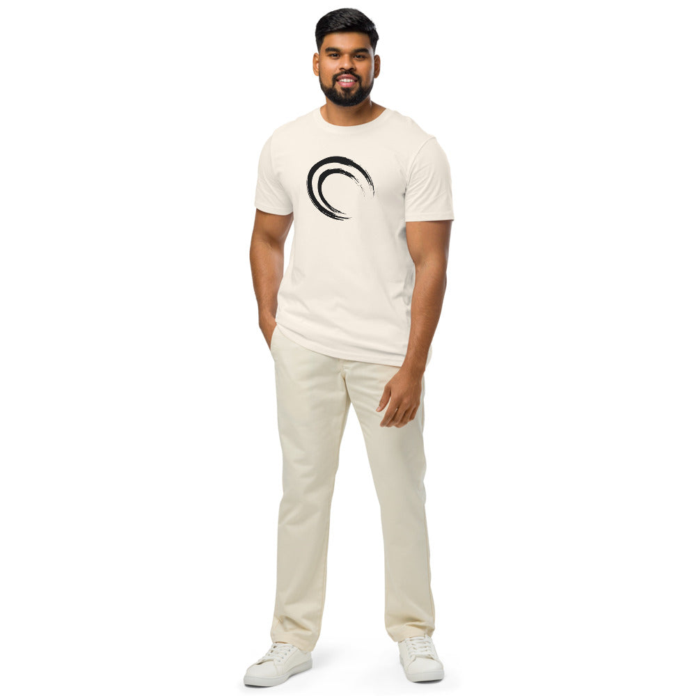 A double-layered crescent enso printed in black ink on a casual t-shirt. Worn by a man, Bone colourway.