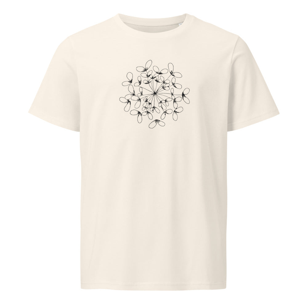 A detailed botanical line art illustration of a wild parsnip seed cluster printed on a t-shirt. Shown on the Bone (Vintage White) colorway.