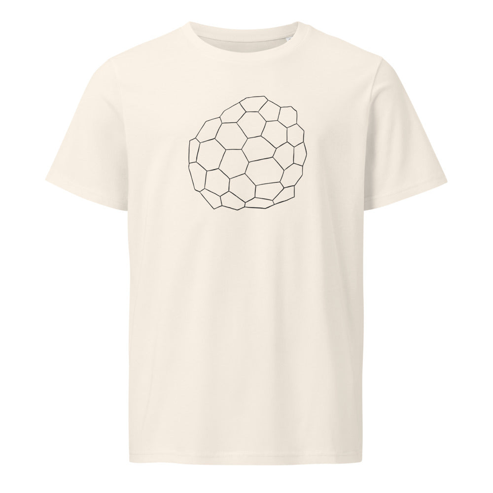 A plan view minimalist line art design depicting geometric desiccation polygons printed on a t-shirt. Shown on the Bone (Vintage White) colorway.