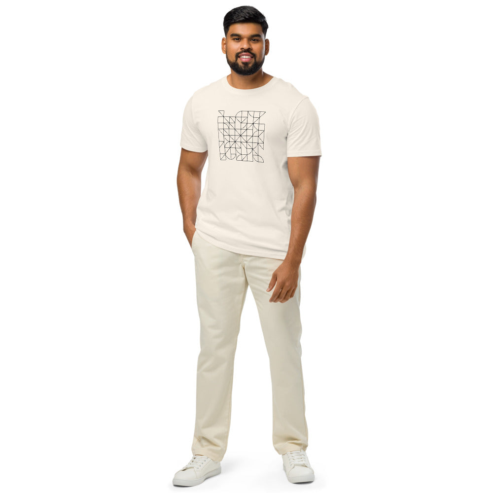 A dense, single-line self-avoiding walk path graphic in hairline weight on a t-shirt. Worn by a man, Bone colourway.