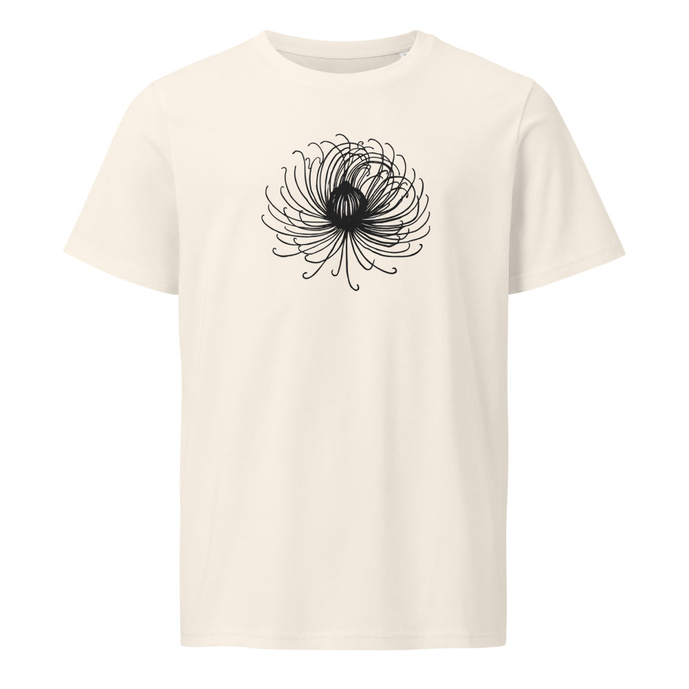 Engraving-style study of a mountain avens seed head in fine hairline strokes printed on a t-shirt. Shown on the Bone (Vintage White) colorway.