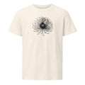 Engraving-style study of a mountain avens seed head in fine hairline strokes printed on a t-shirt. Shown on the Bone (Vintage White) colorway.