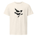 A minimal sumi-e design of a diving sparrow in three quick ink strokes on a t-shirt. Shown on the Bone (Vintage White) colorway.