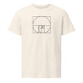 A minimalist geometric design featuring nesting Fibonacci squares and a sweeping logarithmic arc in fine hairline lines on a t-shirt. Shown on the Bone (Vintage White) colorway.