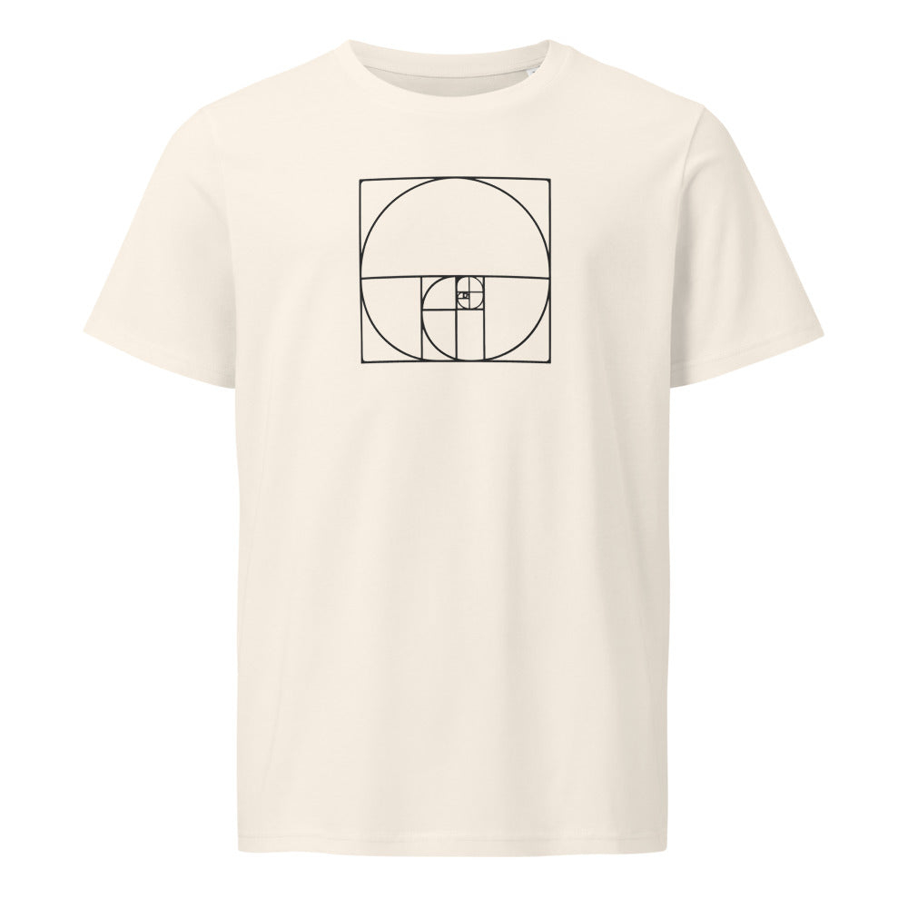 A minimalist geometric design featuring nesting Fibonacci squares and a sweeping logarithmic arc in fine hairline lines on a t-shirt. Shown on the Bone (Vintage White) colorway.