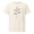 A minimal black ink illustration of a single eucalyptus stem with four ovate leaves on a unisex t-shirt. Shown on the Bone (Vintage White) colorway.