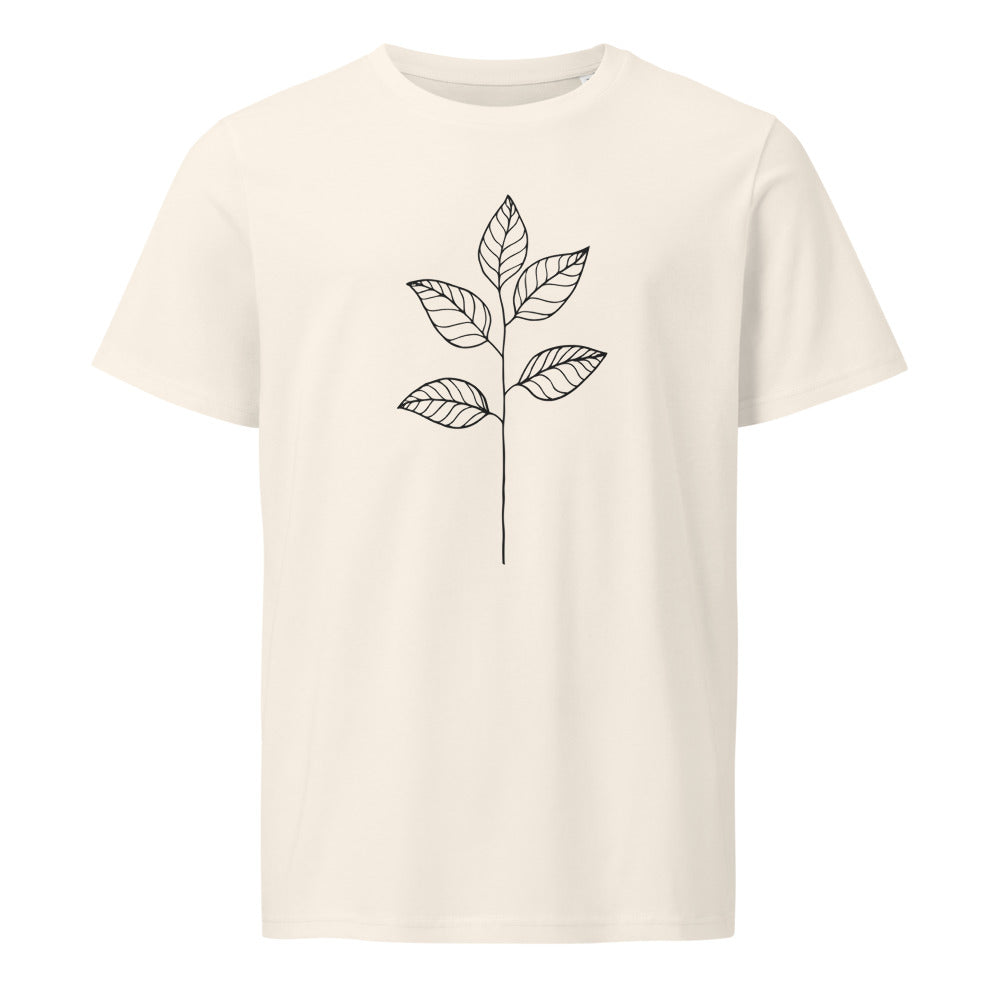 A minimal black ink illustration of a single eucalyptus stem with four ovate leaves on a unisex t-shirt. Shown on the Bone (Vintage White) colorway.
