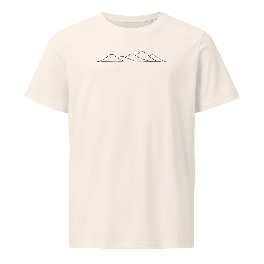 A minimalist topographic line art print showing five rolling hill peaks on a cotton t-shirt. Shown on the Bone (Vintage White) colorway.