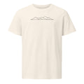 A minimalist topographic line art print showing five rolling hill peaks on a cotton t-shirt. Shown on the Bone (Vintage White) colorway.