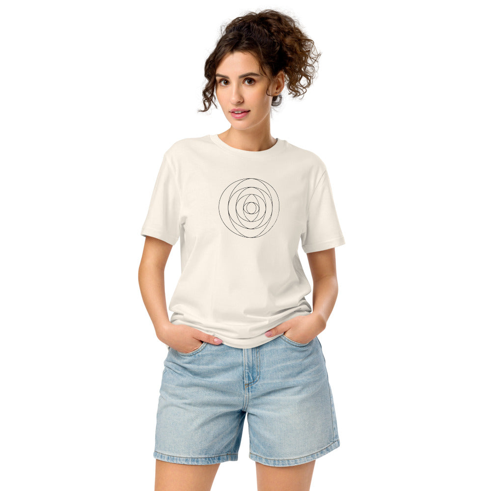 A stereographic vector mapping of a Clifford torus in clean line art on a t-shirt. Worn by a woman, Bone colourway.